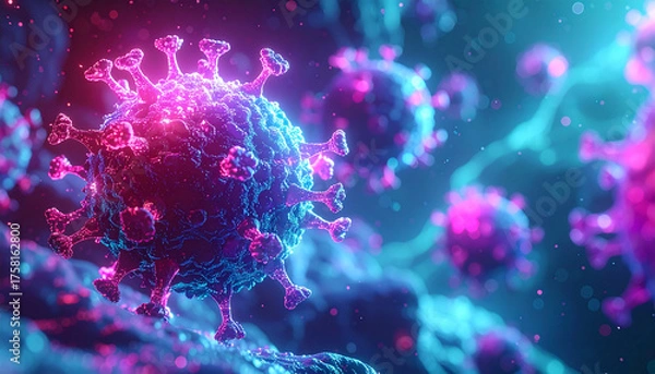 Fototapeta Microscopic view of the SARS-CoV-2 virus, the pathogen responsible for COVID-19, with its characteristic spike proteins.
