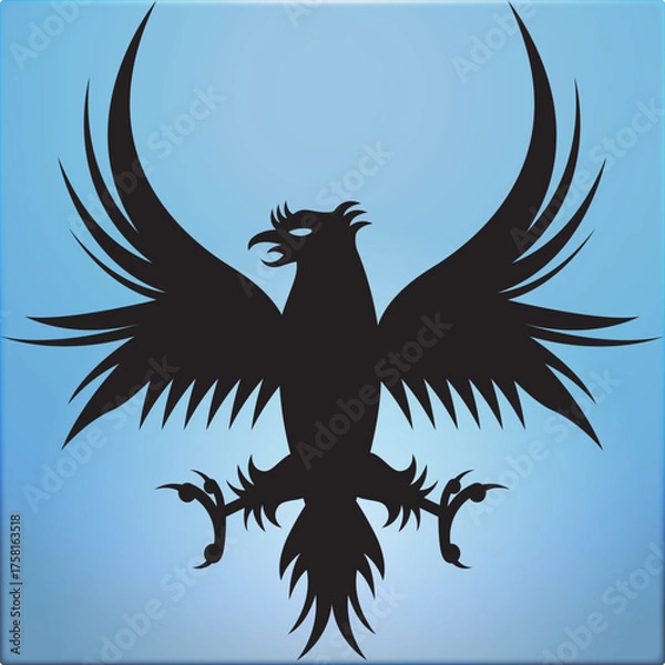Fototapeta Silhouette of a majestic bird with widespread wings against a gradient blue and white background design