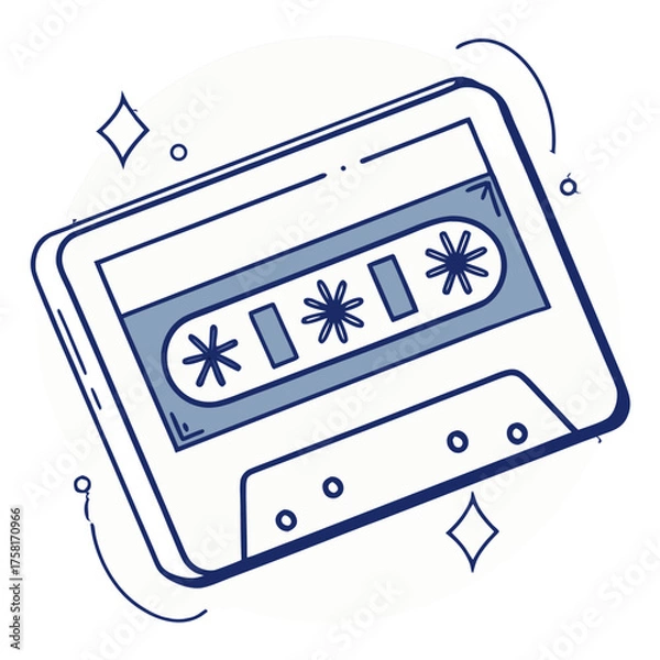 Fototapeta Illustration of a cassette tape with decorative elements and a playful star pattern design on it