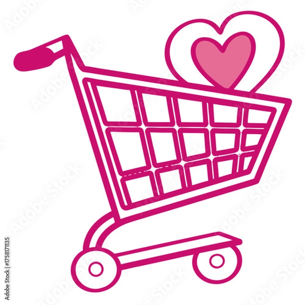 Fototapeta Pink shopping cart with heart shape inside the cart on a white background illustration design art