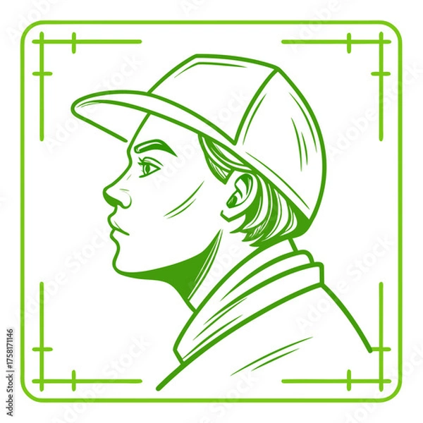 Fototapeta Green line art of a person in profile wearing a cap inside a decorative square frame element design