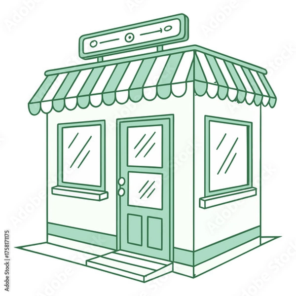 Fototapeta Illustration of a small shop building with awning windows door and signage in a green line art style