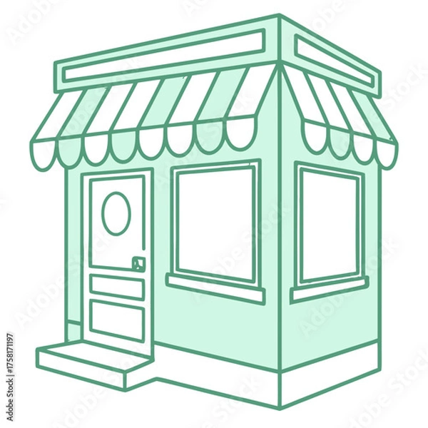 Fototapeta Illustration of a mint green shop or store front with an awning and a door and two windows present