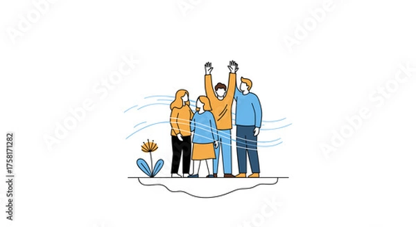 Fototapeta Diverse group of people standing together with arms raised in celebration, symbolizing unity, success, and teamwork against a backdrop of wind and nature elements