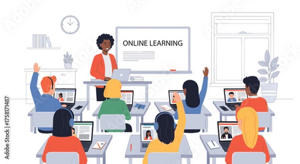 Fototapeta Diverse group of students attentively participating in an online learning classroom setting, engaging with digital resources and instructor guidance