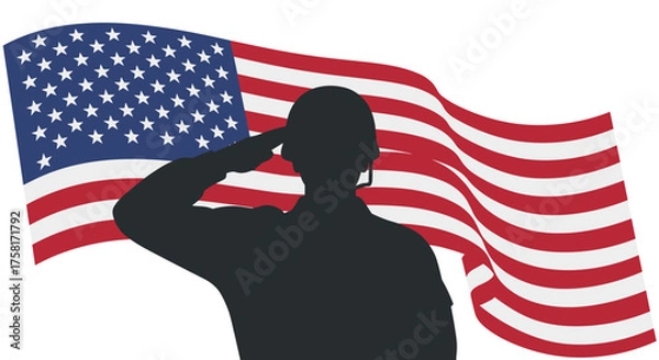 Fototapeta Vector flat icon of soldier salute silhouette with American flag background, patriotic concept, isolated on white background