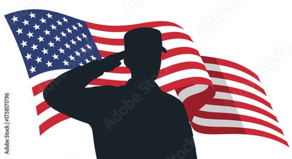 Fototapeta Vector flat icon of soldier salute silhouette with American flag background, patriotic concept, isolated on white background