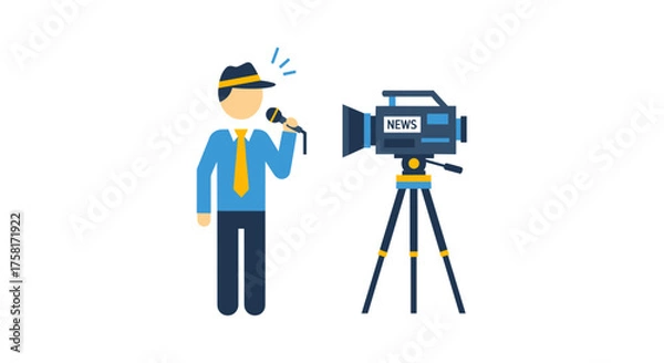 Fototapeta Flat design vector icon of a news reporter speaking into a microphone for a live broadcast with a television camera on a tripod