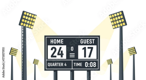 Fototapeta Illuminated sports scoreboard displaying crucial game progress and scores under bright stadium lights, symbolizing intense competition and ultimate victory
