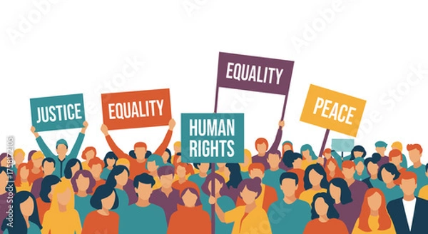 Fototapeta A diverse crowd of people marching together for social justice, equality, and human rights in a peaceful protest