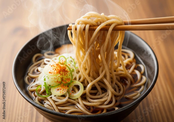 Obraz 食欲をそそる！湯気立つ温かい蕎麦 - 伝統の日本食を箸で堪能