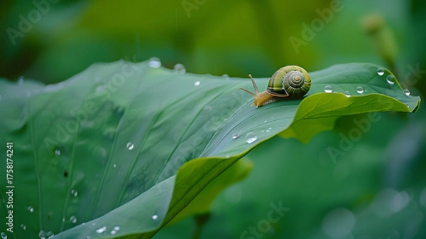 Obraz Snail on a dewy leaf
