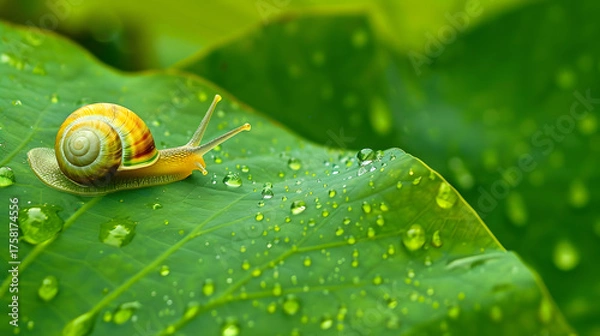 Obraz Snail on a dewy leaf
