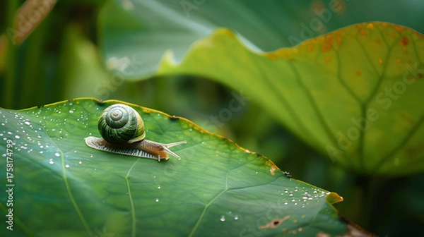 Obraz Snail on a dewy leaf