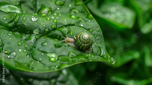 Obraz Snail on a dewy green leaf
