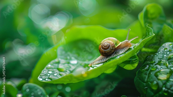 Obraz Snail on a dewy leaf