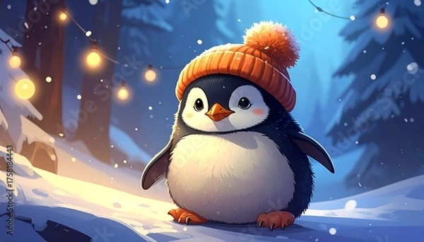 Obraz Winter Penguin in Snowy Landscape with Hat and Lights.