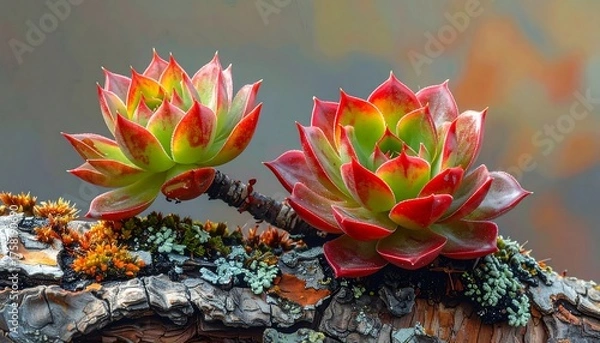 Obraz Two Echeveria Succulents on Mossy Bark - A Study in Color and Texture.