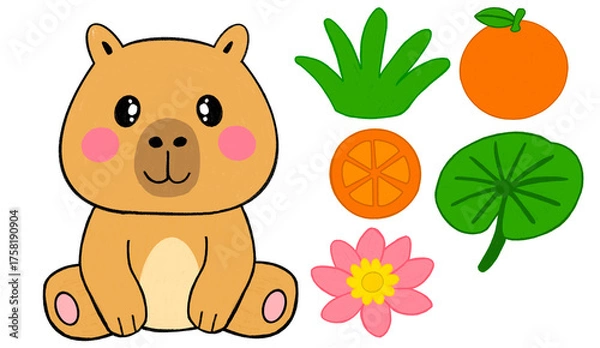 Fototapeta Cute hand-drawn illustration of a happy capybara with orange fruit, lotus flower, and green leaves. Colored pencil style.