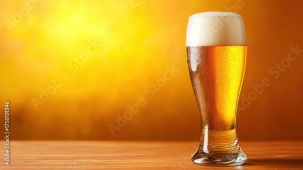 Fototapeta Glass of beer with foam on wooden table on orange background with copy space