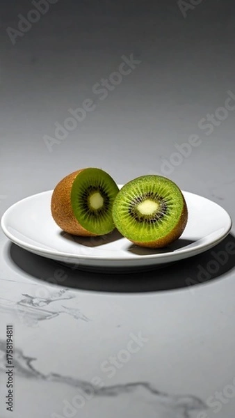 Obraz Kiwi Fruit Halves on White Plate - Fresh and Healthy.