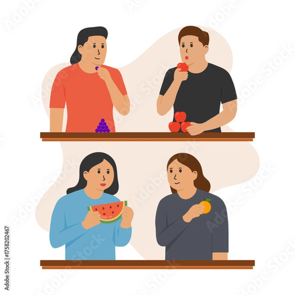 Fototapeta Group of People Eating and Enjoying Fruits Vector. Suitable for Healthy Lifestyle, Nutrition, Wellness, and Summer Themes.