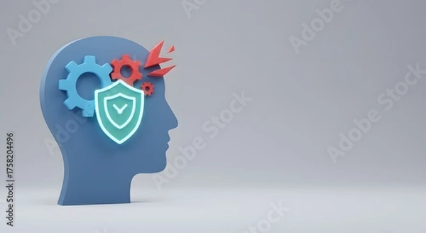 Obraz Human Head with Gears and Shield Concept, Security System, Data Protection, Cybersecurity in Studio Shot, Artificial Intelligence for Website Banner