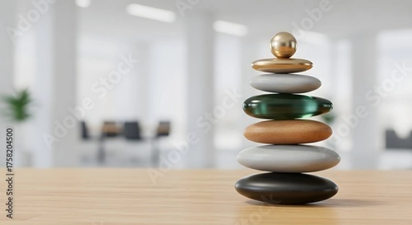 Obraz Balancing Stones stacked in Office, zen like stones, for wellness blog, stress relief, meditation practice, in soft focus, for corporate presentation