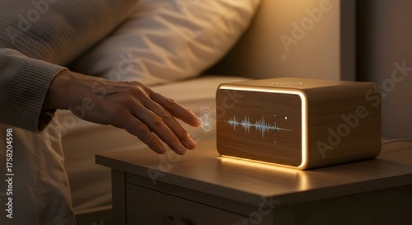 Obraz Smart Sound Machine for Sleep Therapy, Nightstand Setting, Relaxation and Meditation Device, Close-up for Sleep Aid Product Marketing
