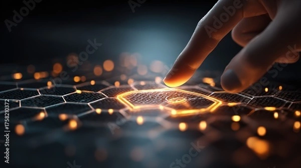 Obraz Finger Touching Glowing Hexagon on Dark Background: Tech Touch Scene