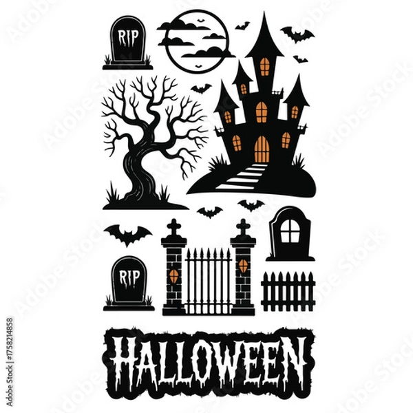 Fototapeta Haunted Halloween Scene Illustration – Tombstones, Bats, Haunted House & Glowing Gate