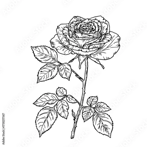 Fototapeta A rose on thin stem with a bud and a leaf, a black and white sketch. Vector illustration. Graceful flowers with buds, lush foliage, isolated on white background. For postcards, invitations and letters