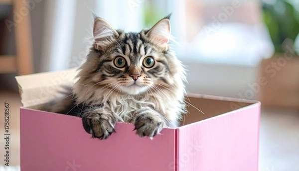 Fototapeta Fluffy Maine Coon Cat Peeking Out of a Pink Cardboard Box Indoors with Soft Natural Lighting