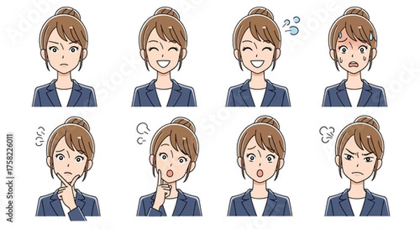 Fototapeta Vector illustration set of young working woman in suit with various facial expressions