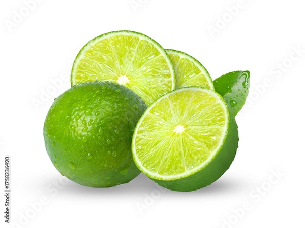 Fototapeta arrangement photograph of whole and sliced limes including a fresh leaf, featuring water droplets and vibrant green color, isolated on transparent background.