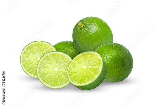 Fototapeta studio photograph capturing a vibrant group of wet whole limes clustered around three bright green citrus fruit slices, isolated against a pure transparent background.