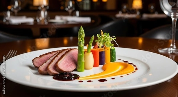 Obraz Gourmet duck breast entree with colorful roasted vegetables and savory sauce