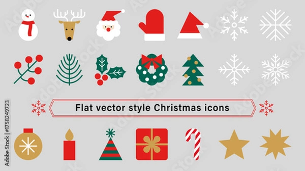 Obraz シンプルなクリスマスのアイコンセット。フラットな冬の素材。Christmas icons