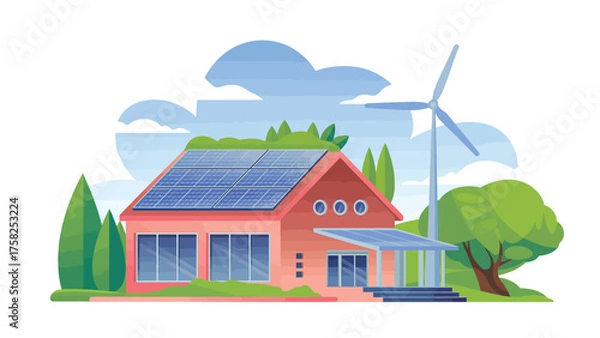 Fototapeta Sustainable home powered by solar panels and wind turbine for eco-friendly lifestyle