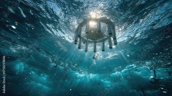 Fototapeta Explore the mysteries of the deep with a vibrant underwater scene featuring sunbeams dancing through clear turquoise waters and metallic scientific equipment for ocean research and exploration