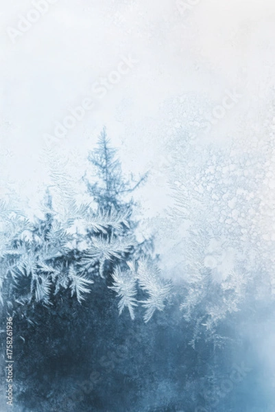 Fototapeta Frost-covered window with blurred winter tree silhouette