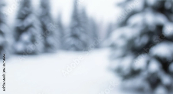 Fototapeta Abstract winter background with blurred snowy forest landscape, soft focus on snow covered pine trees, cool blue tones for seasonal christmas holiday design