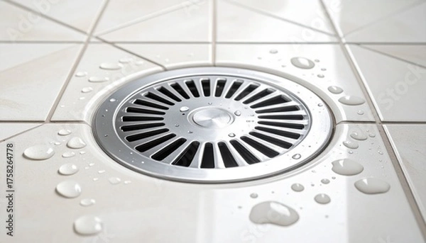 Fototapeta Metal drain with radial design and water droplets on tiled surface