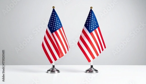 Fototapeta Two small U.S. flags on silver bases against plain gray background
