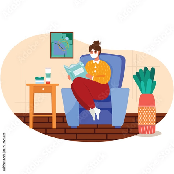 Fototapeta Woman with care mask reading book vector scene