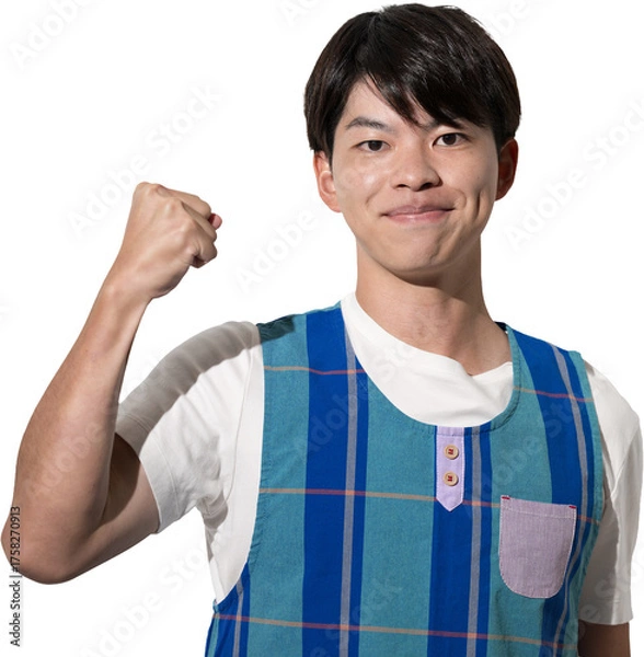 Fototapeta エプロンを着てガッツポーズをする男性　保育士・介護士などのイメージ　背景透明