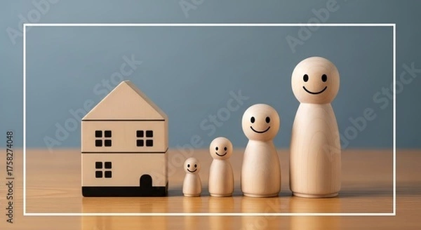 Fototapeta Wooden figures represent a smiling family standing beside a blocky house on a shiny table