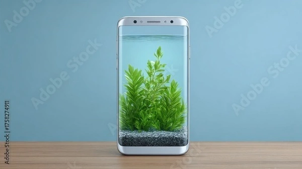 Fototapeta Smartphone Displaying an Aquatic Scene with Green Plants and Blue Background