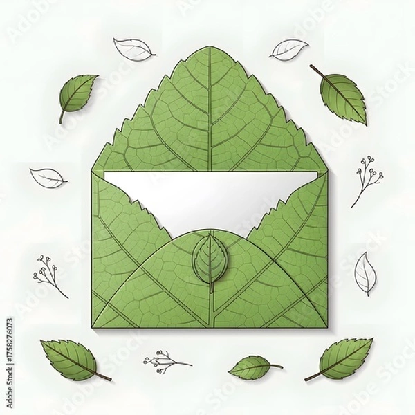 Fototapeta Green leaf envelope with delicate floral illustrations