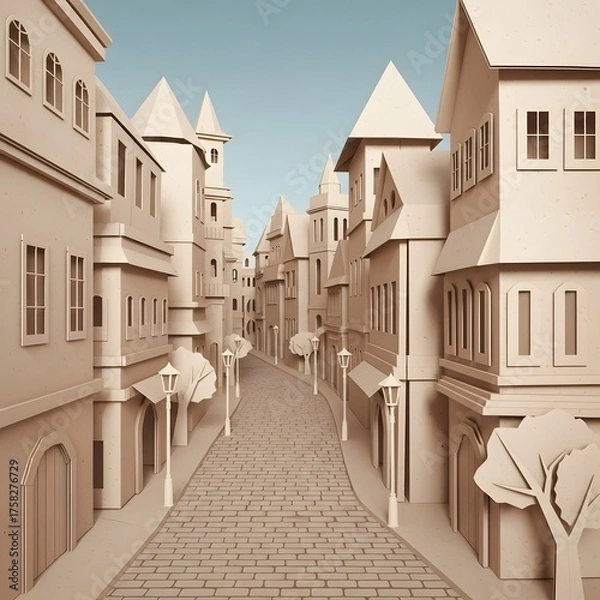 Fototapeta Charming medieval town street with ornate architecture and cobblestone path